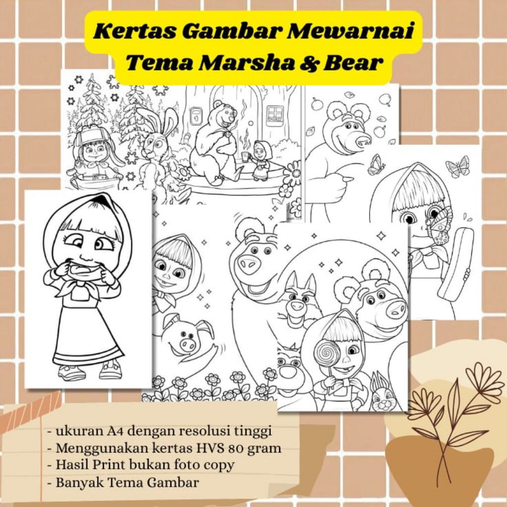 

20 LEMBAR KERTAS MEWARNAI ANAK TEMA MARSHA & THE BEAR (READY LANGSUNG KIRIM)