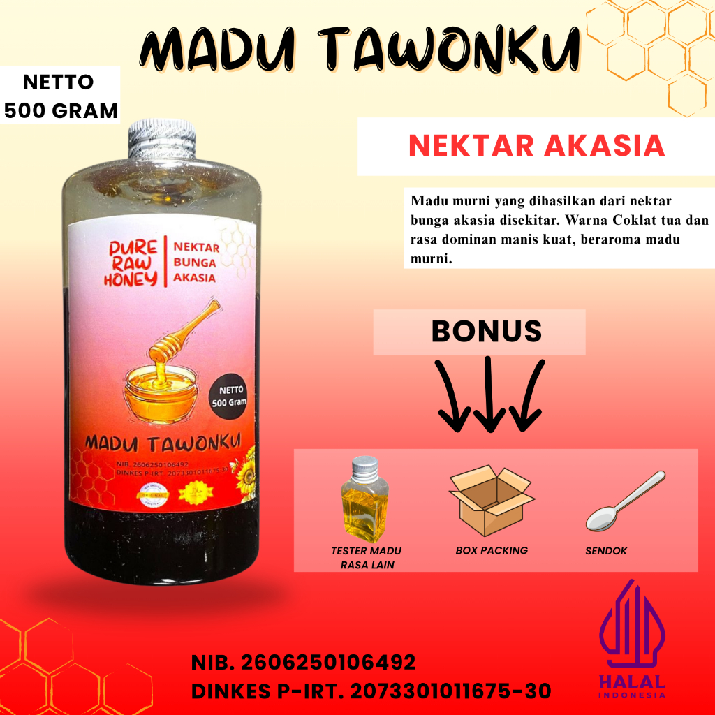 

Madu Super Murni Asli Nektar Akasia 500gram Bersertifikat P-IRT