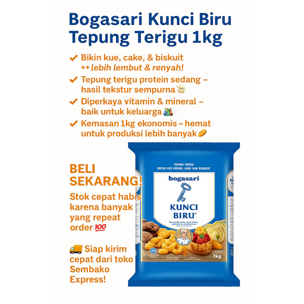 

Bogasari Kunci Biru Tepung Terigu 1kg – Lembut, Renyah, & Bergizi!