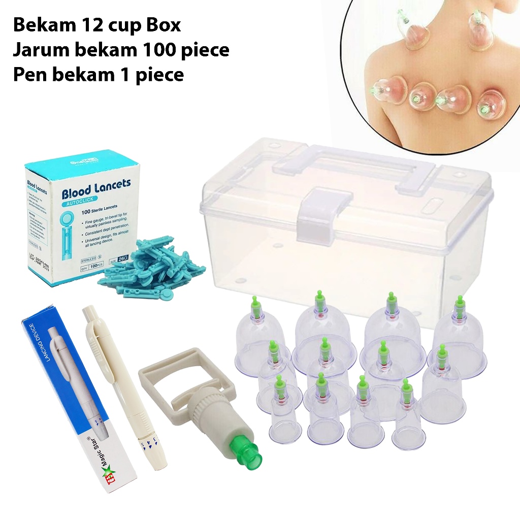 Paket Alat Bekam 12 Cup + Pen Bekam & Jarum 100 pcs | Tool Box PP Transparan Portable