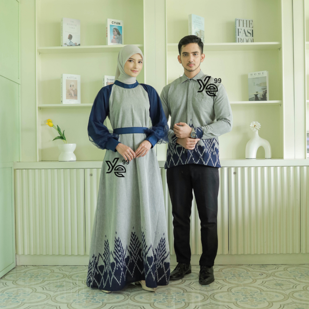 [READY STOCK] Set couple syahira grey navy kemeja pria dan dress wanita, gamis kondangan ethnic, cou