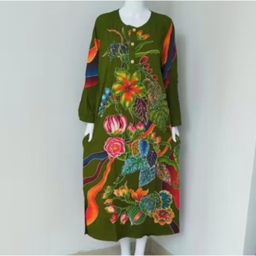 Longdres Daster lengan panjang/ dress kencana ungu premium wanita dewasa/Batik kencana ungu label bi