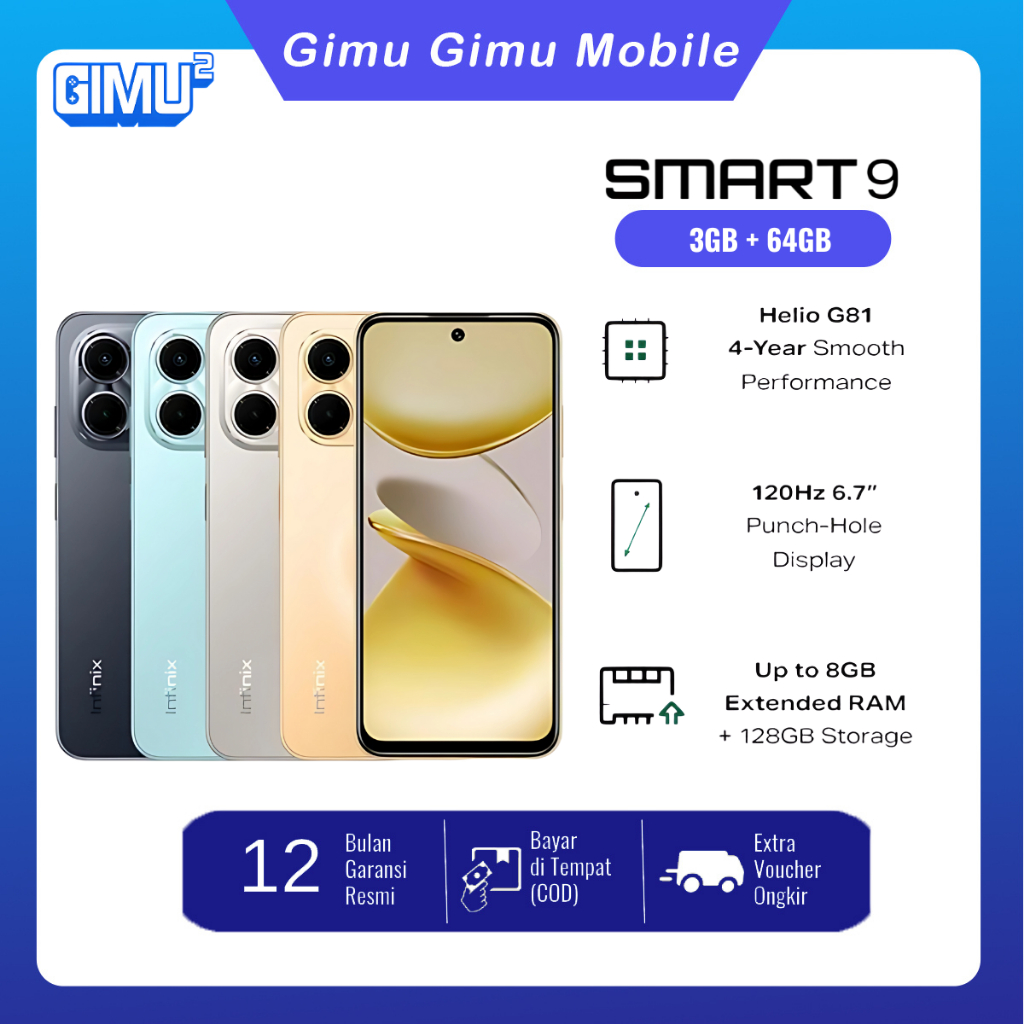 Infinix Smart 9 3/64GB | 4/128GB - Up to 6GB | 8GB Extended RAM - 6.7 inch 120Hz Punch Hole Display 