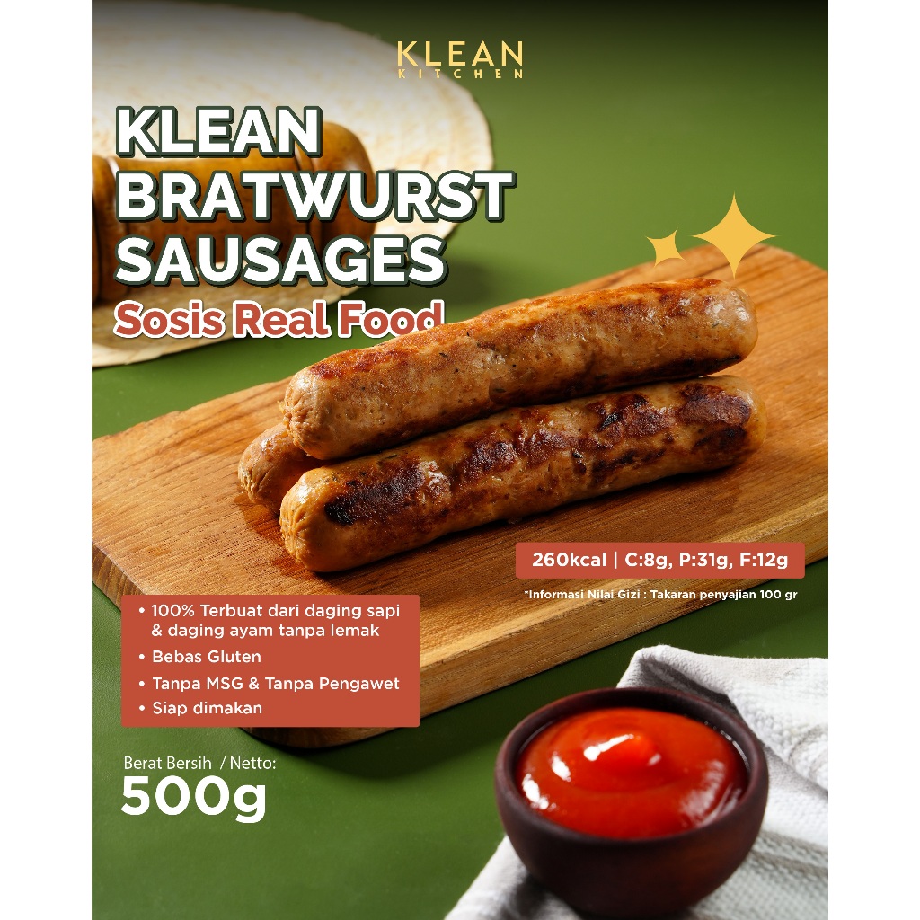 

KLEAN BRATWURST SAUSAGES 500 gr - Sosis Sehat Tanpa Tepung Tanpa MSG Tanpa Pengawet Kids Friendly