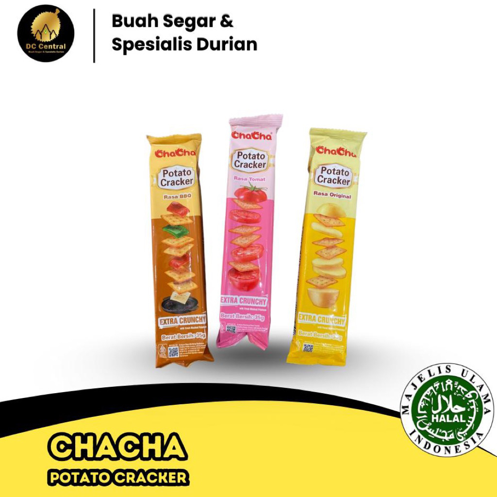 

MAKANAN RINGAN CHACHA POTATO CRACKER 35GR RASA ORIGINAL EXTRA CRUNCHY / TOMAT /BBQ