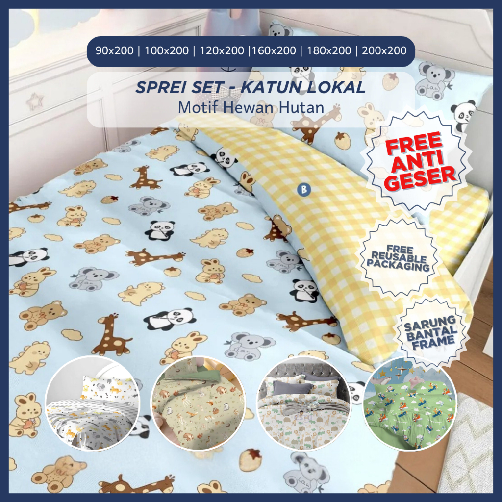 Sprei Set Anak Homemade Katun Lokal Premium Adem Anti Geser Motif Gajah Macan Lucu 120x200 160x200