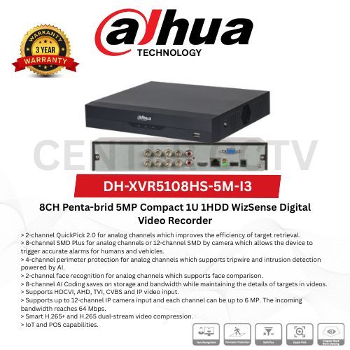 DVR DAHUA 8CH DH-XVR5108HS-5M-I3 / DVR DAHUA 8 CHANNEL DH-XVR5108HS-5M-I3 5MP - DVR SAJA