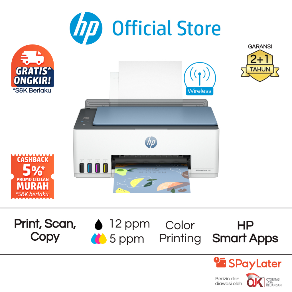 Printer HP Smart Ink Tank 580 / 585 All in One Print Scan Copy Wifi USB Fotocopy Color Colour Warna 