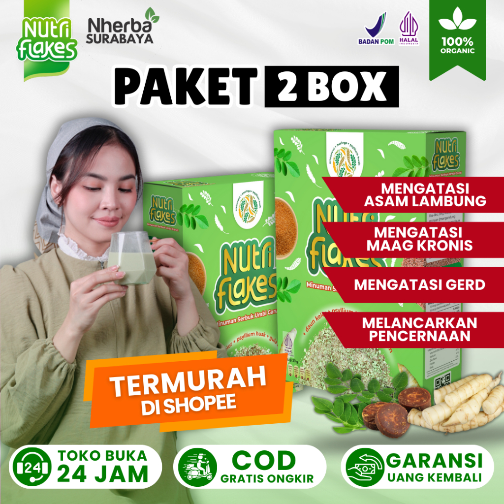 

Paket 2 Box Nutriflakes - Sereal Oat Bubuk Umbi Garut Efektif Mengatasi Asam Lambung, Maag Dan Gerd