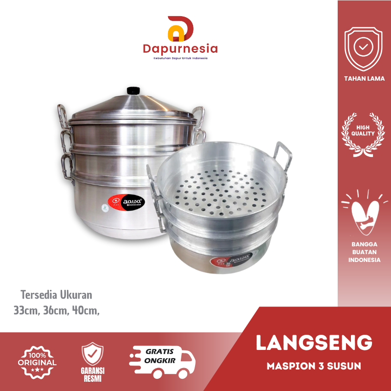 Maspion Langseng Aluminium Tebal 33cm, 36cm, 40cm Susun 3 / Panci Rebus Kukusan 3 Tingkat