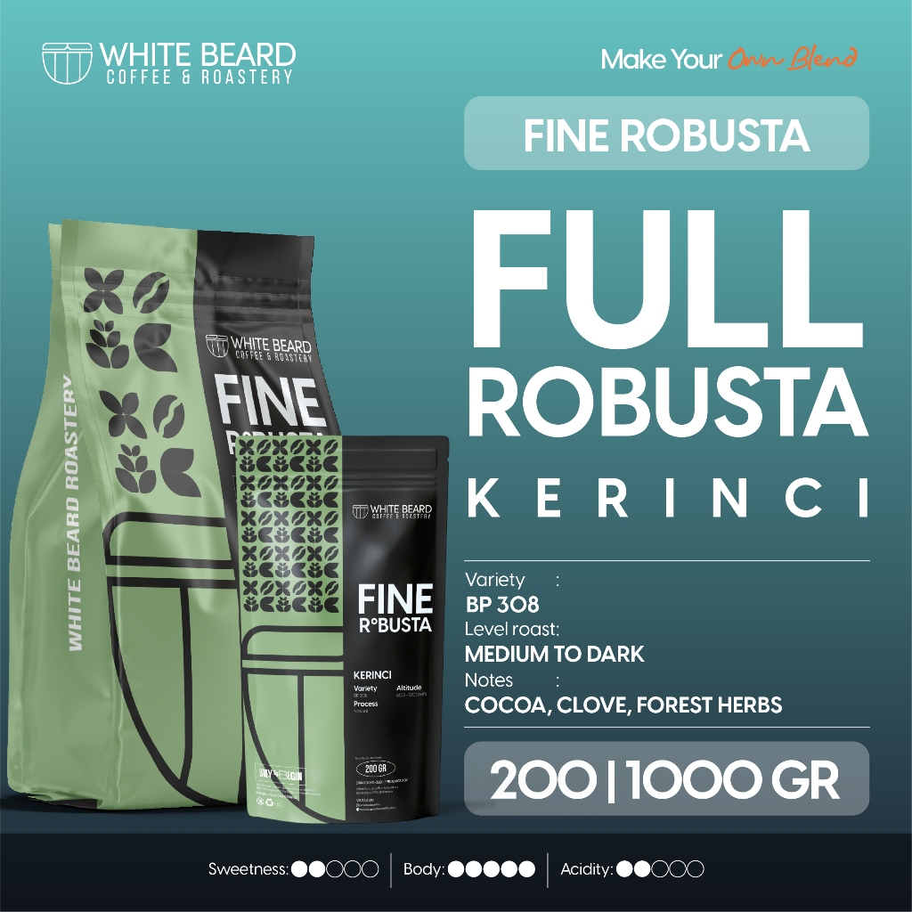 

Whitebeard - Kerinci Fine Robusta 100% Biji Kopi Bubuk Espresso Kopi Susu 200 gr 1 kg