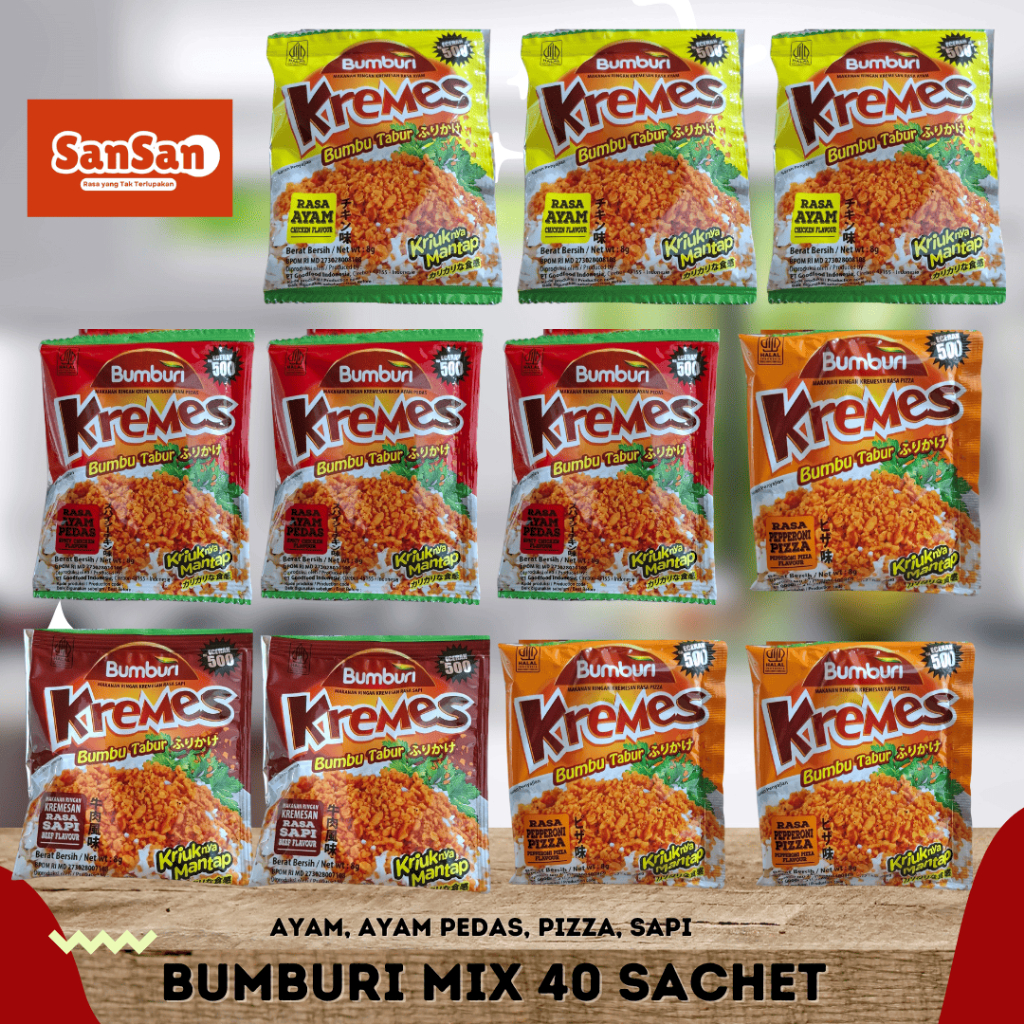 

Kremesan Mix 4 Rasa, Kremesan Rasa : Ayam, Ayam Pedas, Sapi, Papperoni Pizza