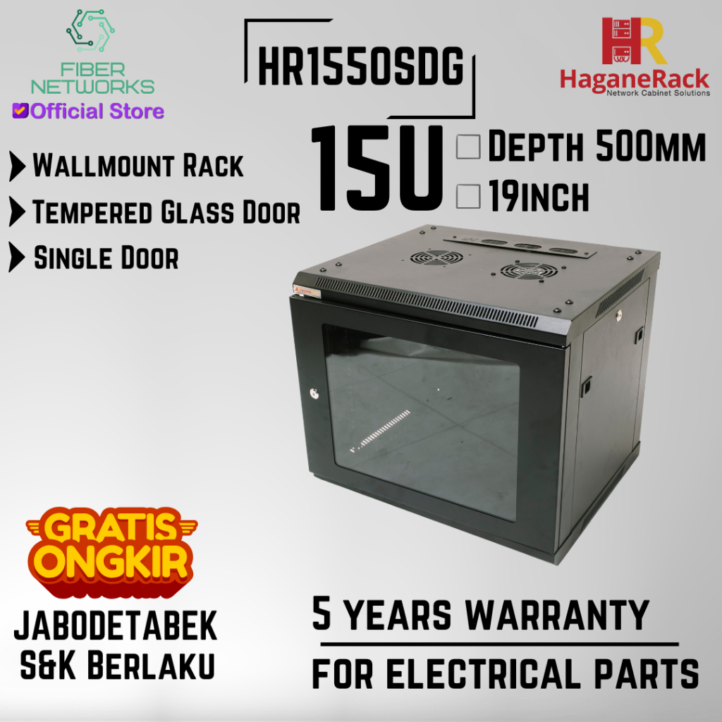 HaganeRack Wallmount Rak Server 15U 500mm - HR1550SDG Rak Server 15U Single Door