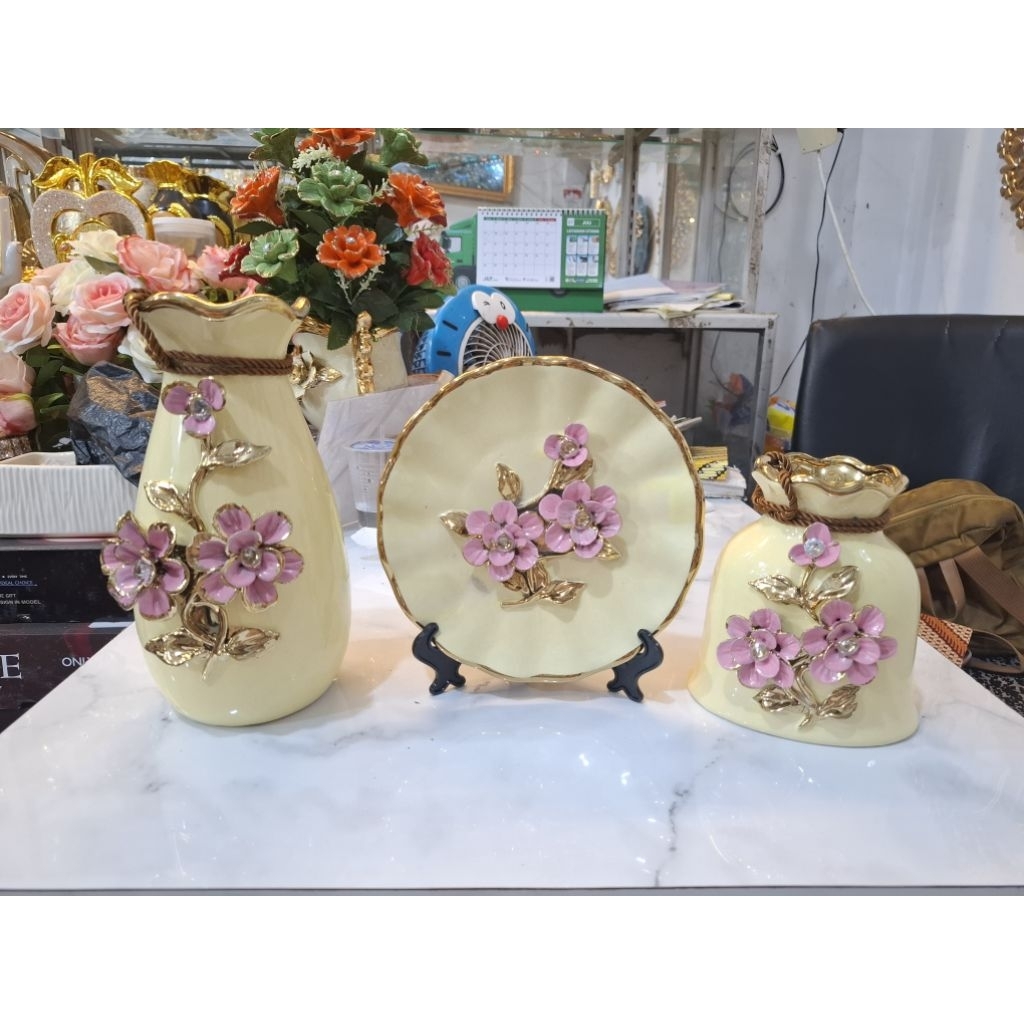 guci vas set piring hias keramik mewah PN05
