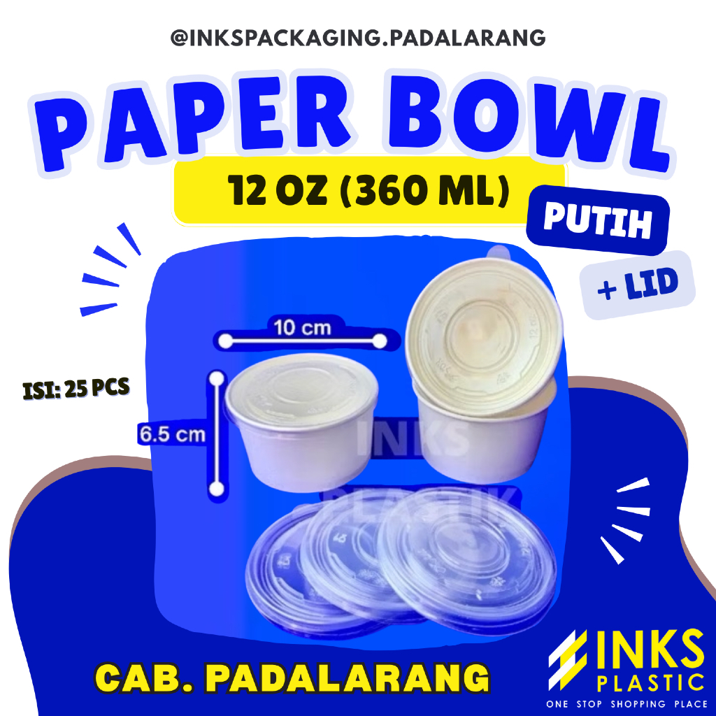 PAPER BOWL MANGKOK KERTAS PUTIH PLUS TUTUP LID 12 OZ 360 ML