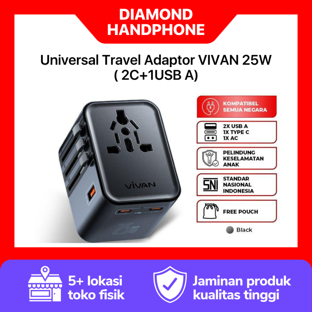 World Universal Travel Adaptor USB-C/A Port Vivan VPS T-003A 25W Indonesia EU USA UK Australia Japan