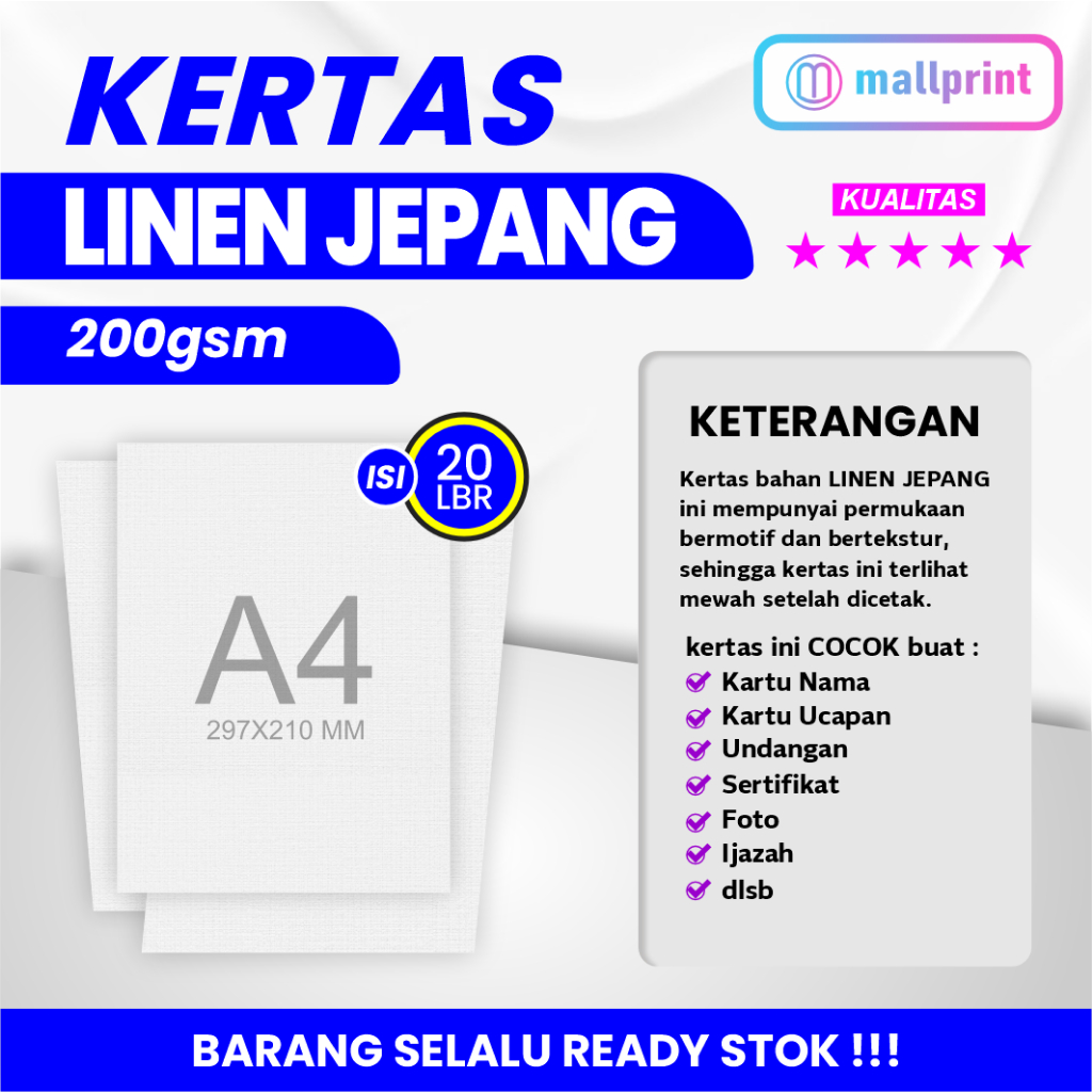 

Kertas Linen Jepang uk. A4 cocok unt. Sertifikat Piagam Ijazah dll (isi 20 lembar)