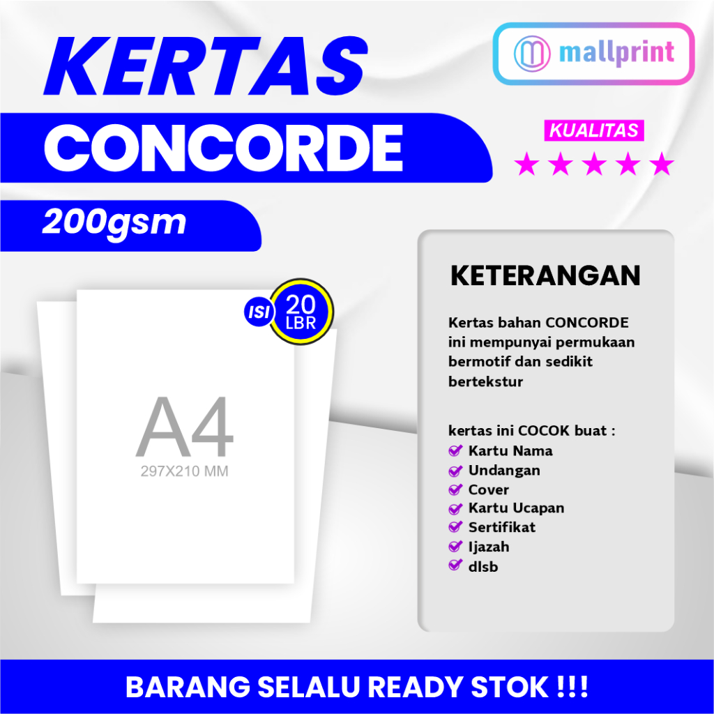 

Kertas Concorde 200gsm uk. A4 cocok unt. Sertifikat Piagam dll (isi 20 lembar)