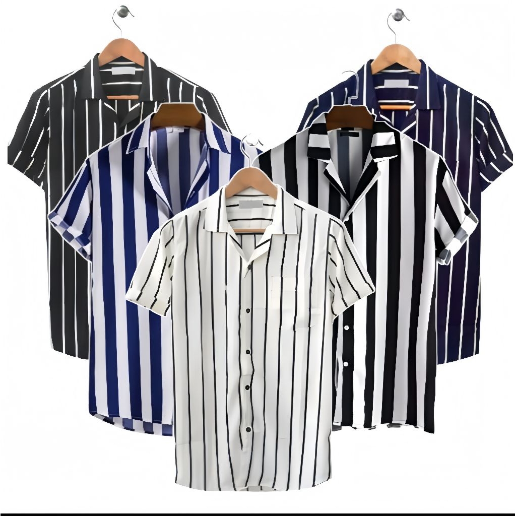 Kemeja Setrip Pria Lengan pendek Kemeja hawai V-neck Pria