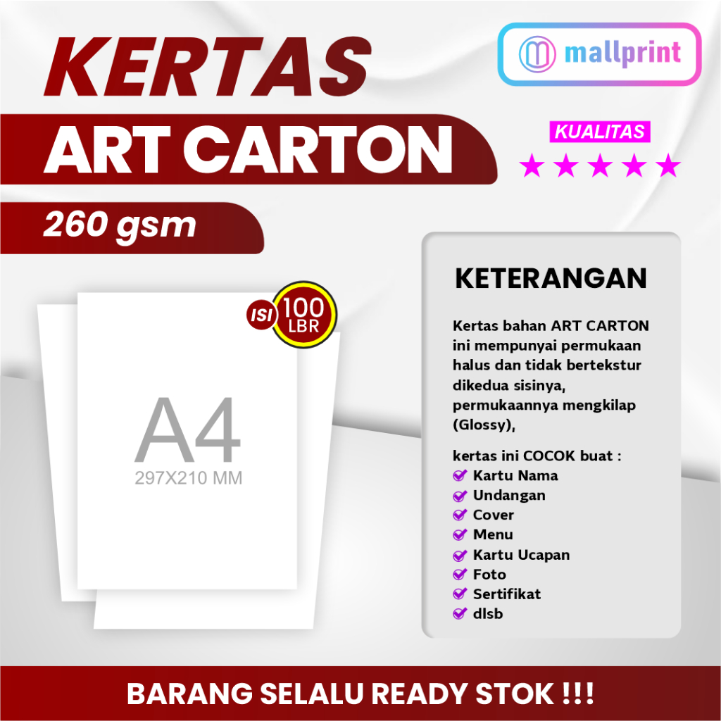 

Kertas Art Carton 260 gsm uk. A4 cocok unt. Menu Kartu Nama dll (1 pak isi 100 lbr)