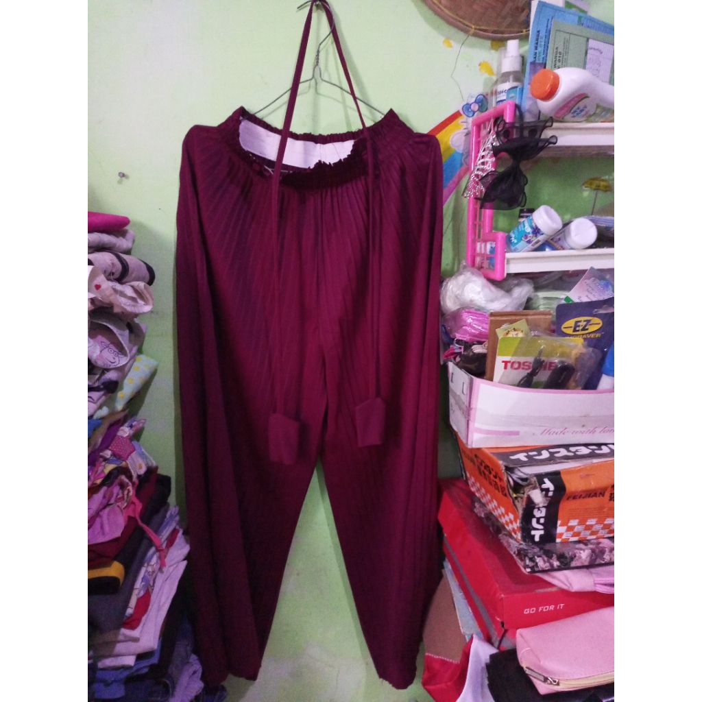 New celana kulot plisket tali jumbo maroon