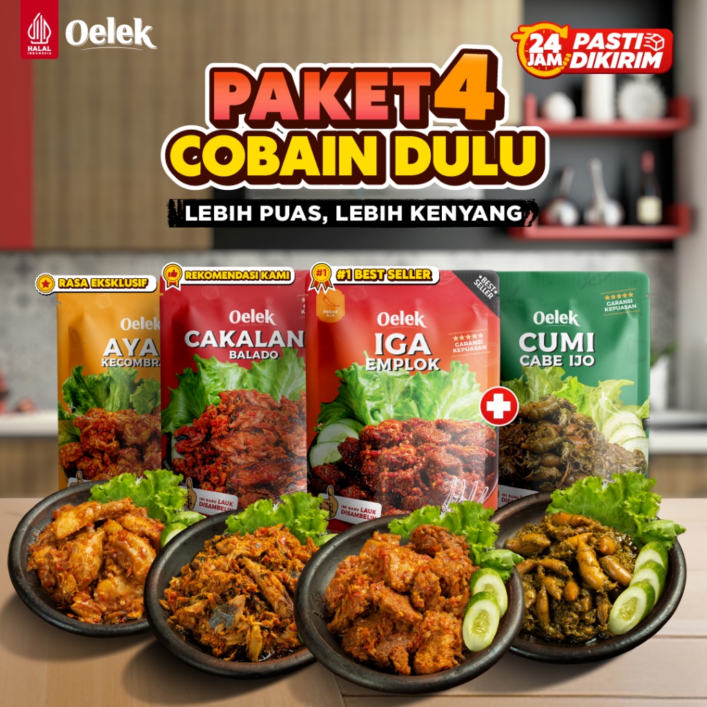 

Oelek Paket Cobain Dulu 4 Lauk 100 gram Lebih Hemat / Iga Emplok / Cakalang Balado / Cumi Cabe Ijo /