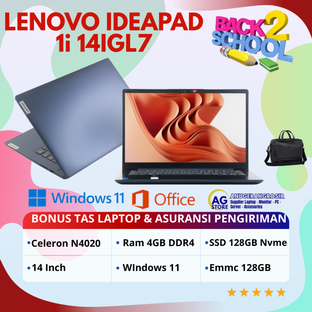 Laptop Baru 3 Jutaan Lenovo Ideapad 1i - 14IGL7 Intel N4020 Ram 4GB 128GB SSD + Emmc 128GB 14"