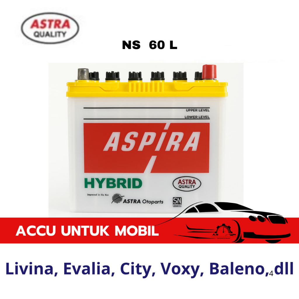 Aki Mobil Livina, Evalia, City, Voxy, Baleno - Accu Aspira NS60L Aki Basah 12 V / 45 Ah