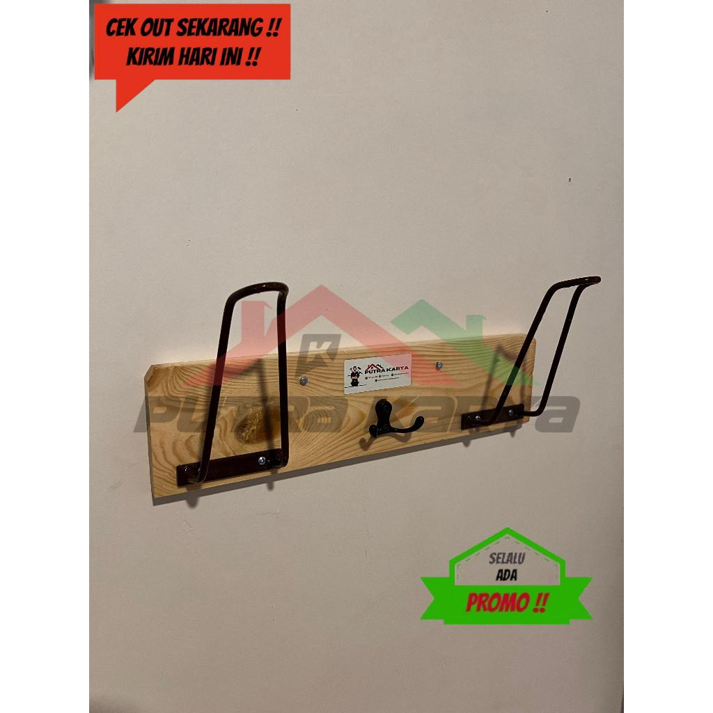 Rak Helm Horizontal Hook / Rak Gantung Helm Kayu Jati Belanda / Rak Helm Hook