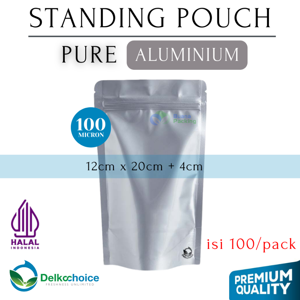DELKOCHOICE STANDING POUCH PURE ALUMUNIUM FOIL ZIPLOCK 12x20