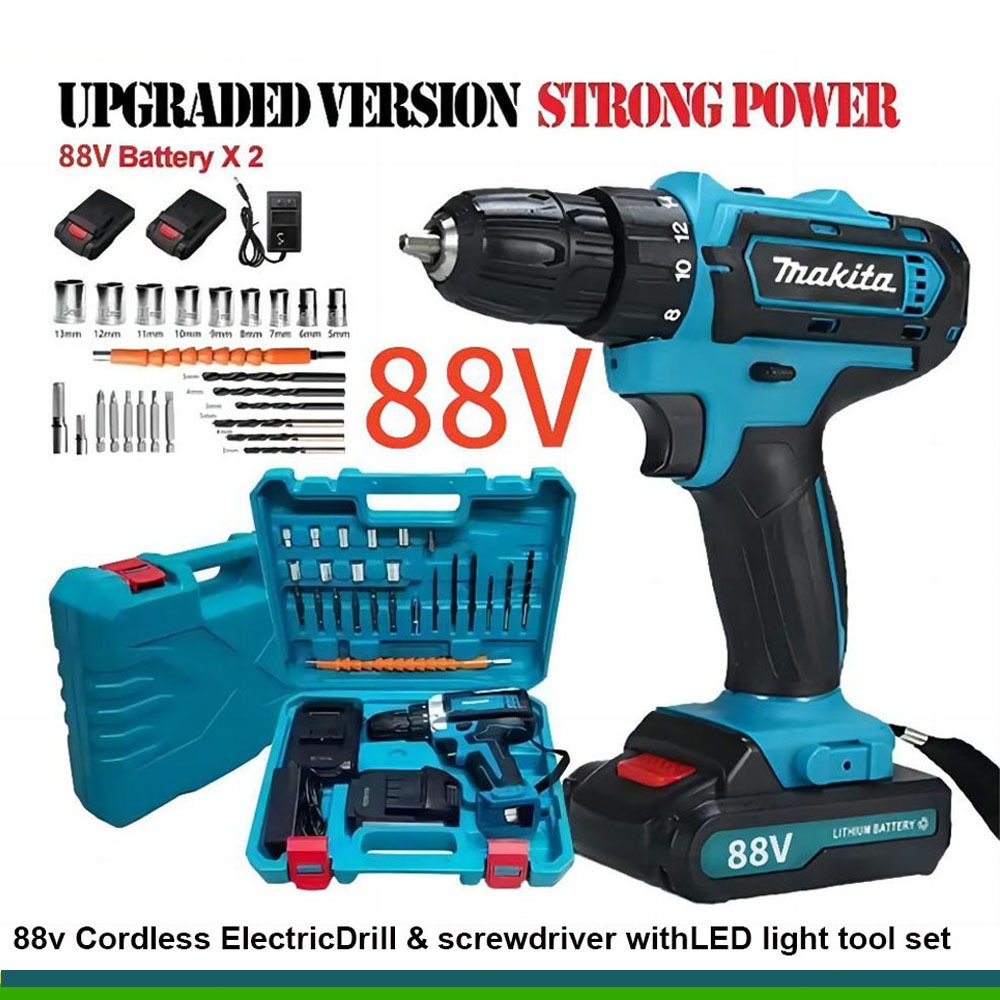 88vf MAKITA  Mesin bor 2baterai cas10mm bor listrik murah bor tangan bateraibesi tembok Beton kayu -