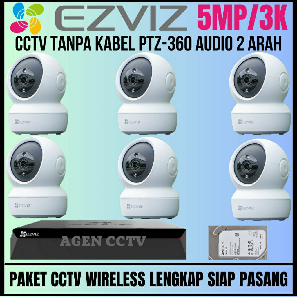 paket cctv ezviz wireless 5mp 8 channel 6 kamera audio 2 arah ip wifi tanpa kabel werles