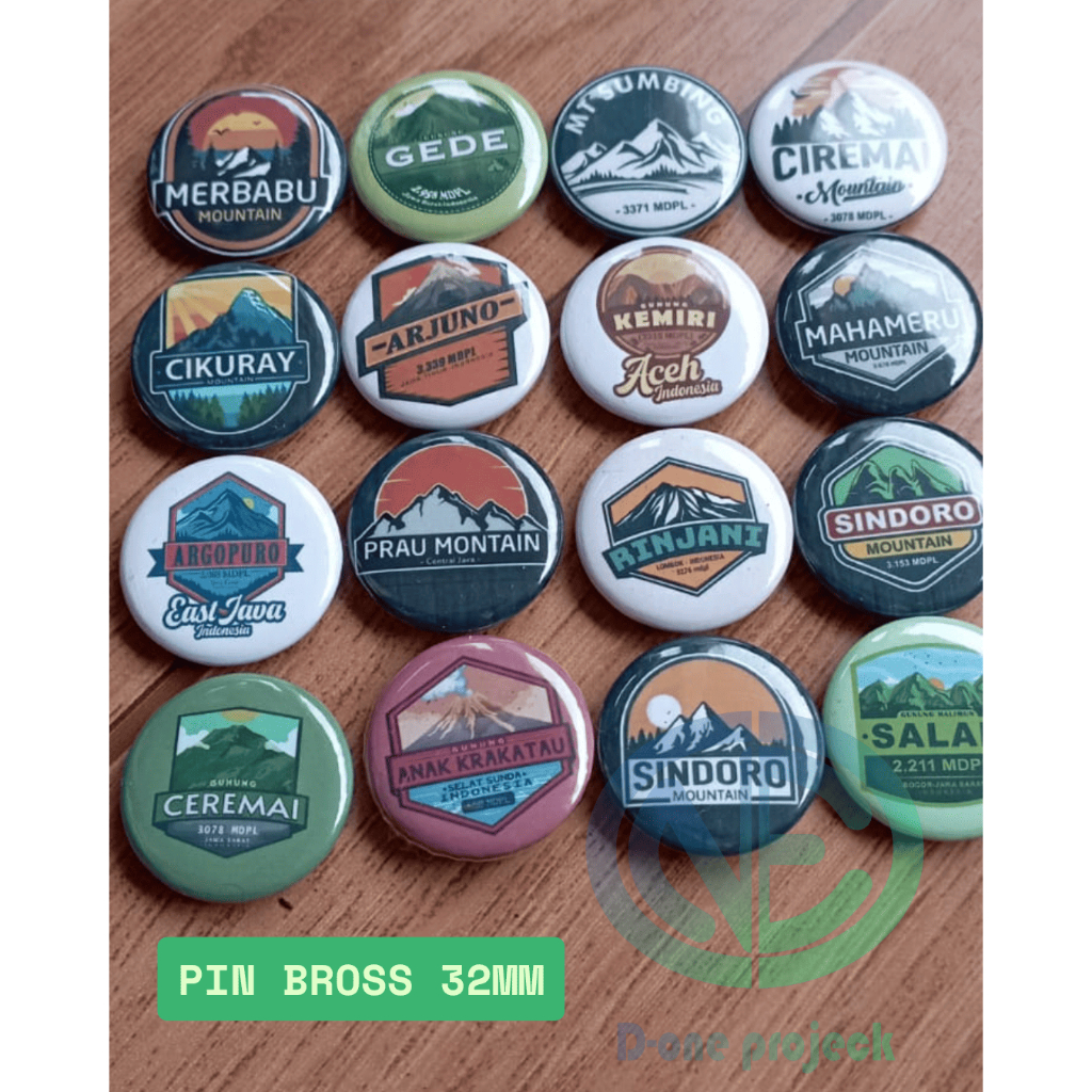 Pin Bross Gunung Indonesia 32mm – Bros Koleksi Nama Gunung Nusantara Aksesoris Dekorasi Tas Baju Pen