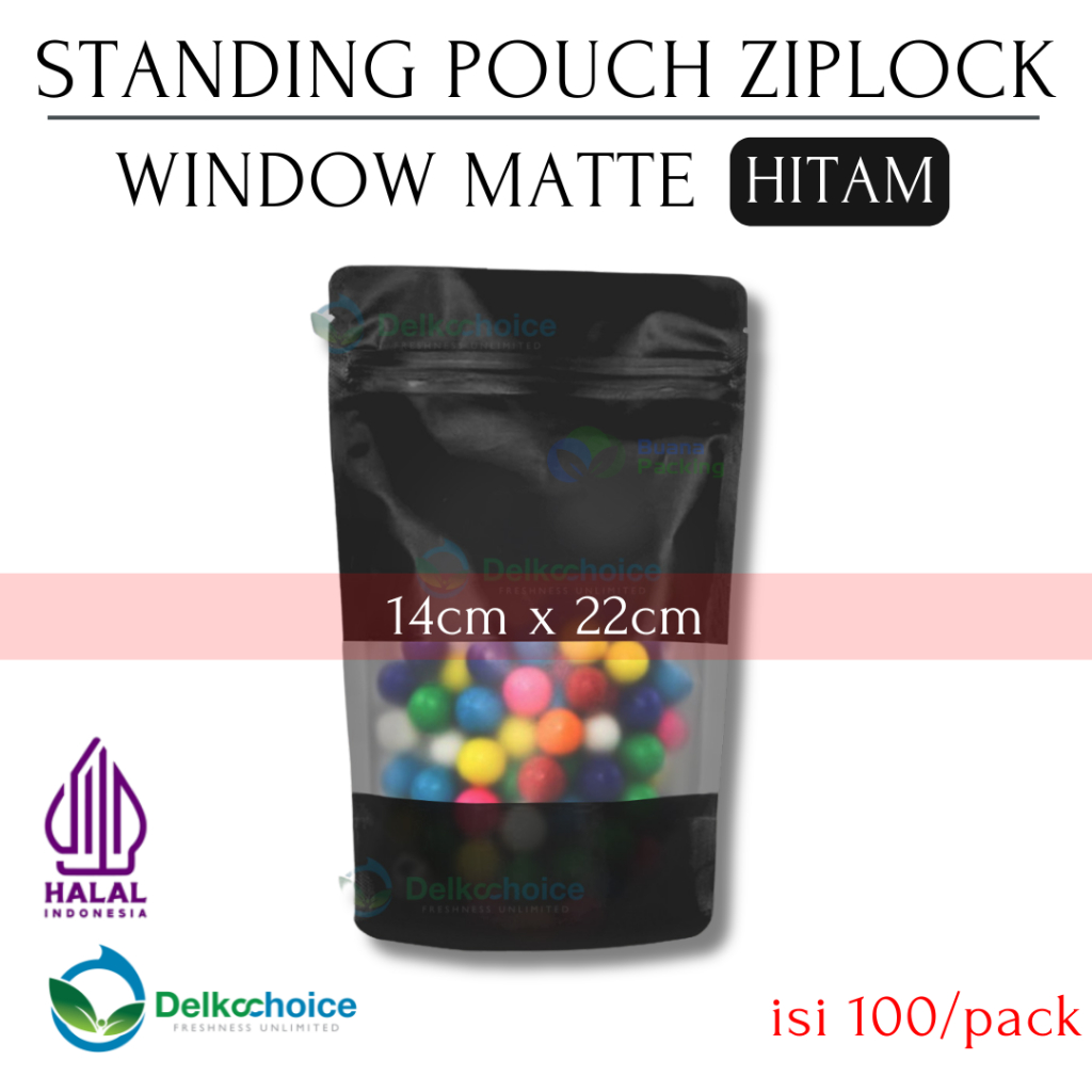 DELKOCHOICE STANDING POUCH ZIPLOCK WINDOW MATTE HITAM 14x22