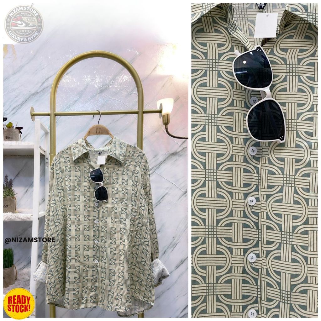 Nizamstore Kemeja Motif Wanita Oversize Lengan Panjang Katun Rayon Import Nyaman Adem Tunik Santai K