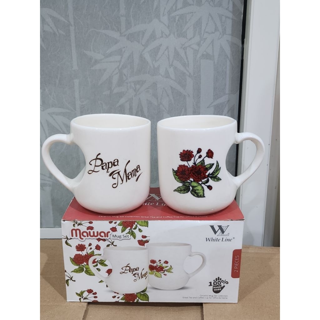 Satu Set Mug Kado Mawar Gelas Keramik Papa Mama isi 2