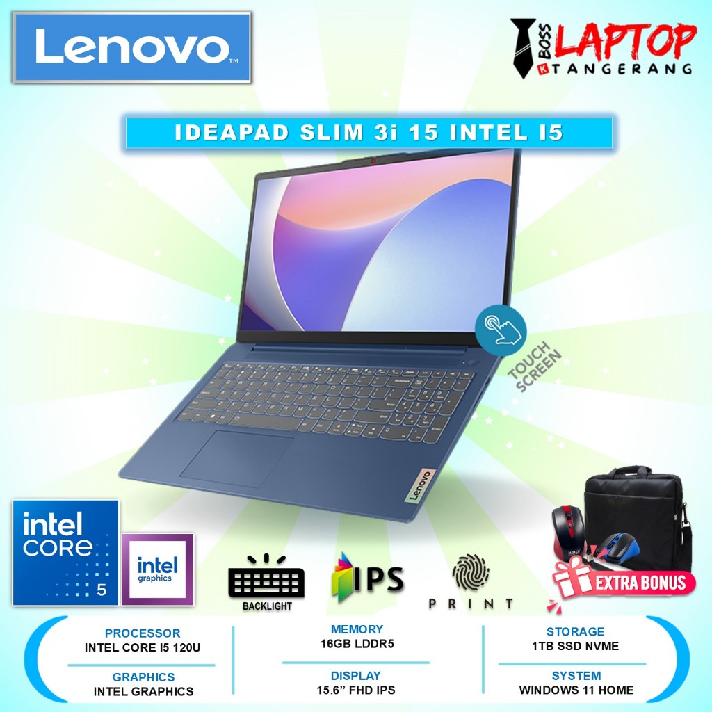 Laptop Lenovo Ideapad Slim 3i 15 Intel Core i5 120U 16GB DDR5 2TB 15.6 FHD IPS TOUCH BL FP Win10Home