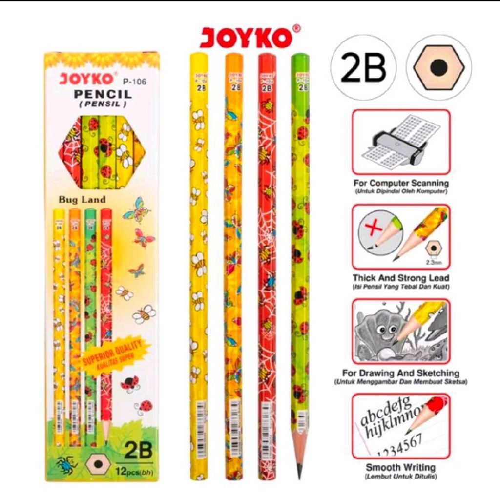 

JOYKO Pensil Kayu P-106 2B Motif Bergambar Bug Landy Lembut untuk Tulisan dan Sketsa 12 Pcs Pack