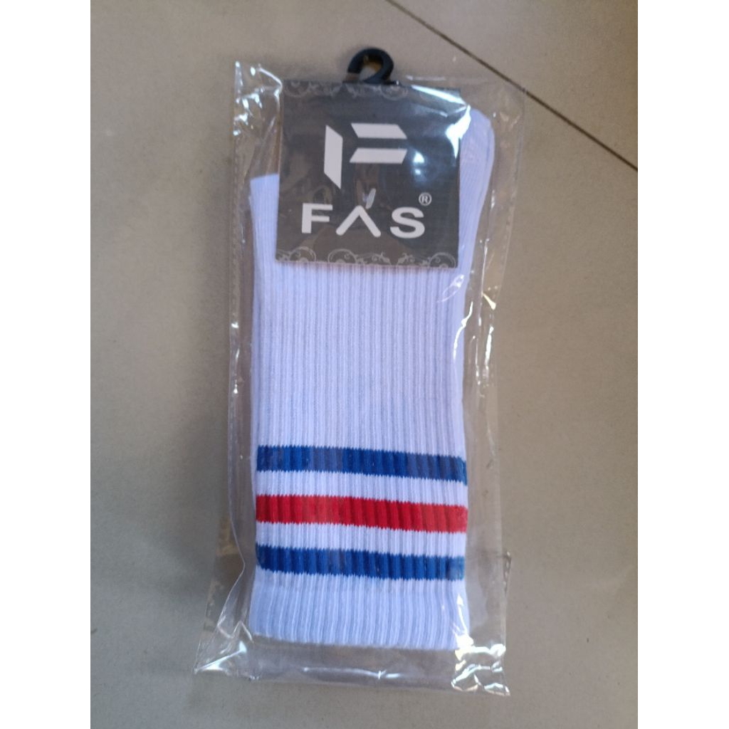 Kaos Kaki Sport Pria & Wanita FAS - Putih Garis Merah Biru | Unisex Sport Socks