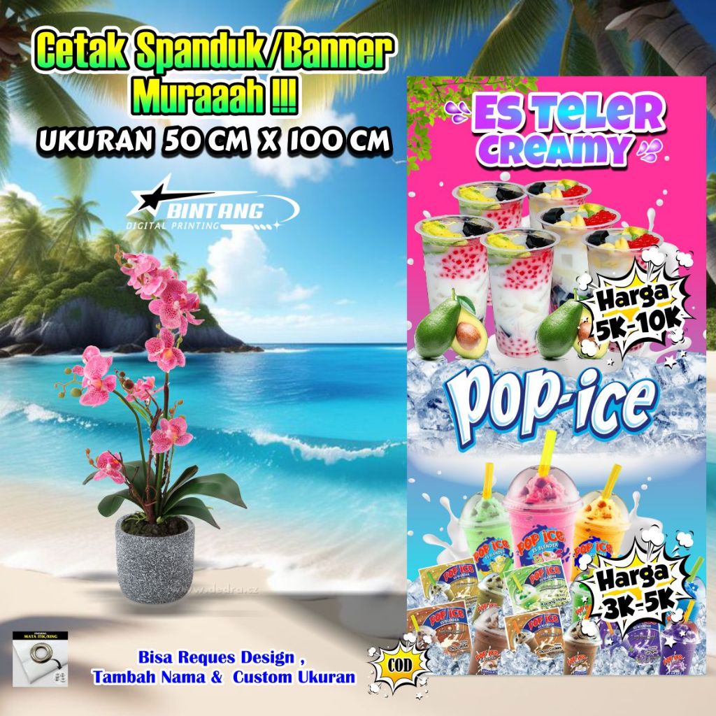 Spanduk Banner Pop Ice Boba & Es Teler Ukuran 50 Cm X 100 Cm