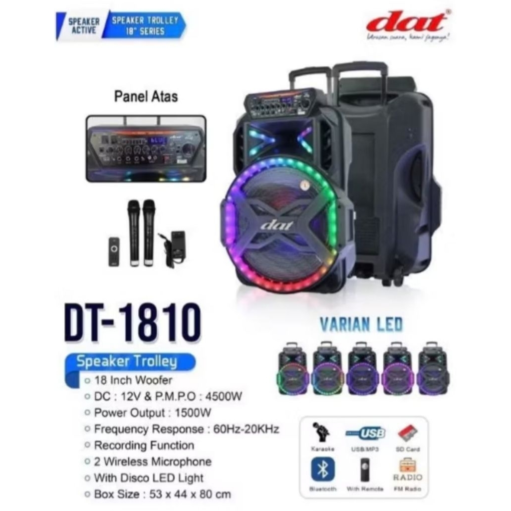 Speaker Aktif 18" DAT DT-1810 Portable 2 Mic Wireless Karaoke Soundsystem 18 inch / 18 inci / DAT DT