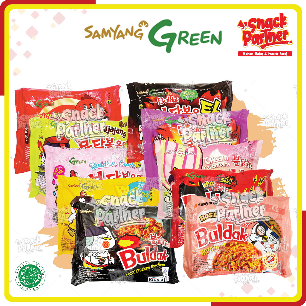 

SAMYANG GREEN - Famous Hot Chicken Ramen - Mie Instant Buldak Original Cheese Extreme Extra Hot Carbonara Stew Jjajang Jajangmyeon Mala Spicy Rose