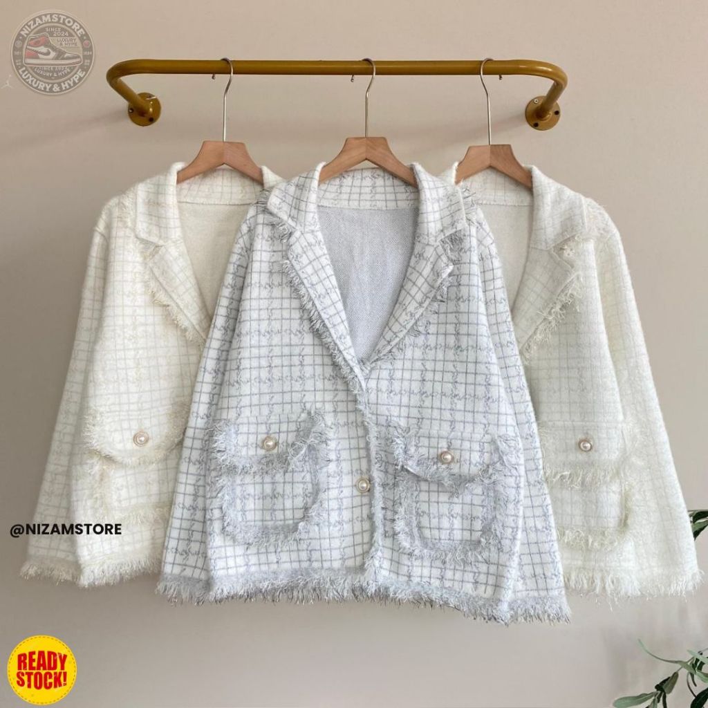 Nizamstore - Blazer Rajut Premium Import Wanita Motif Kotak Elegan | Outer Rajut Lengan Panjang Kanc