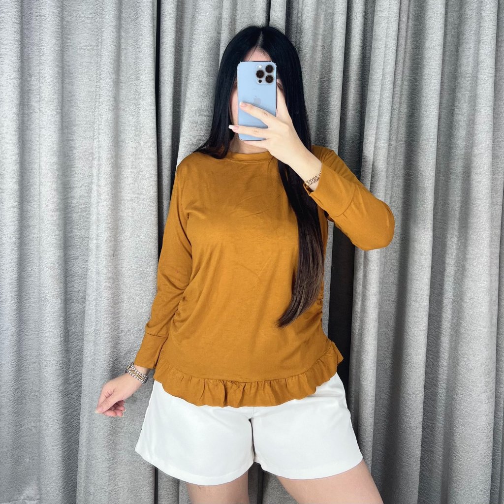 Aurora Blouse Tshirt Wanita Lengan Panjang Mangset Bawah Rempel
