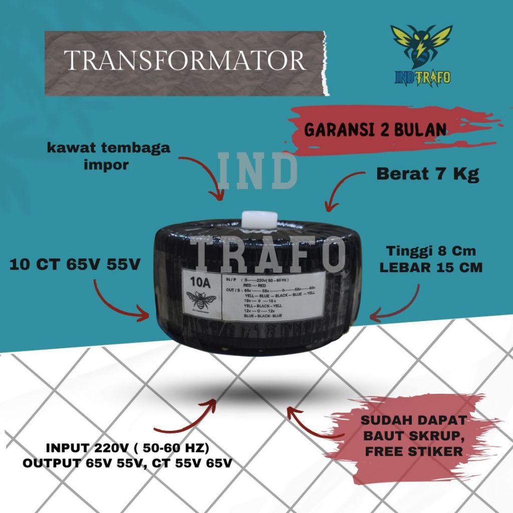 trafo toroid donat 10 ampere ct 65v - 55v