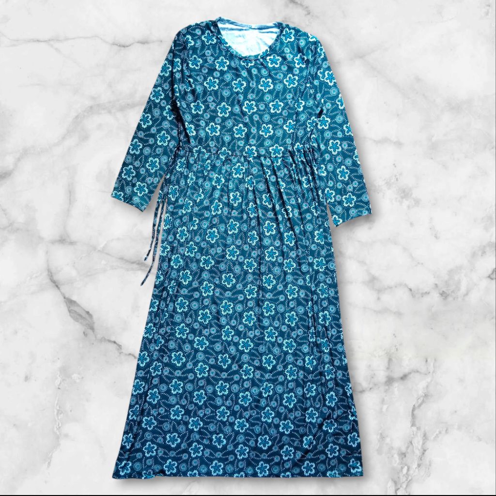 Gamis Scuba Motif Bunga – Dress Muslim Wanita Tali Serut Pinggang