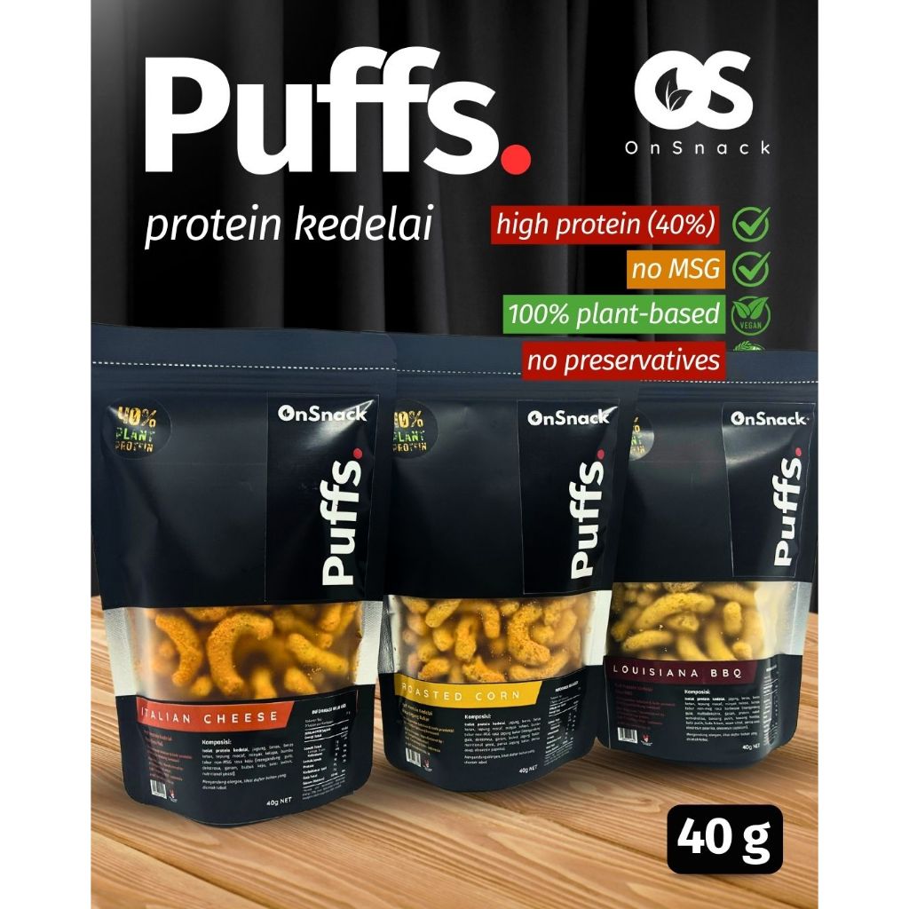 

OnSnack Puffs - Snack Tinggi Protein Kedelai 40% | 100% Plant Based | No MSG | 40g