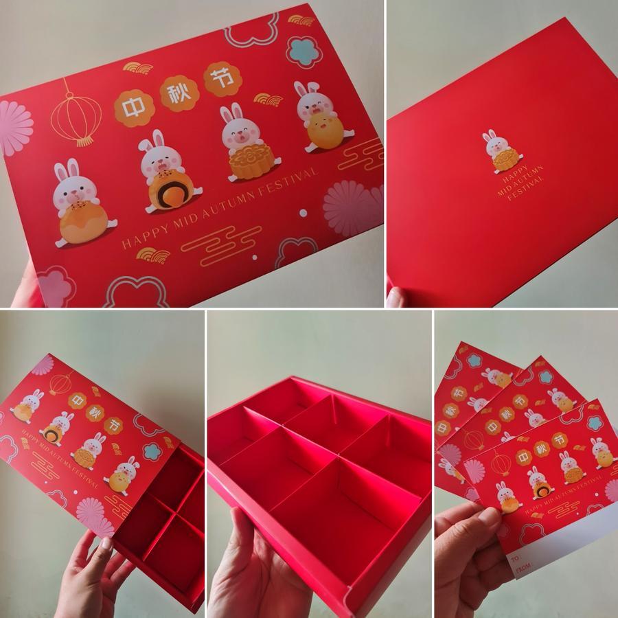 

(5pcs) dus kemasan kue bulan kotak sekat isi 6 box packaging mooncake 100gr 4 rabbit red
