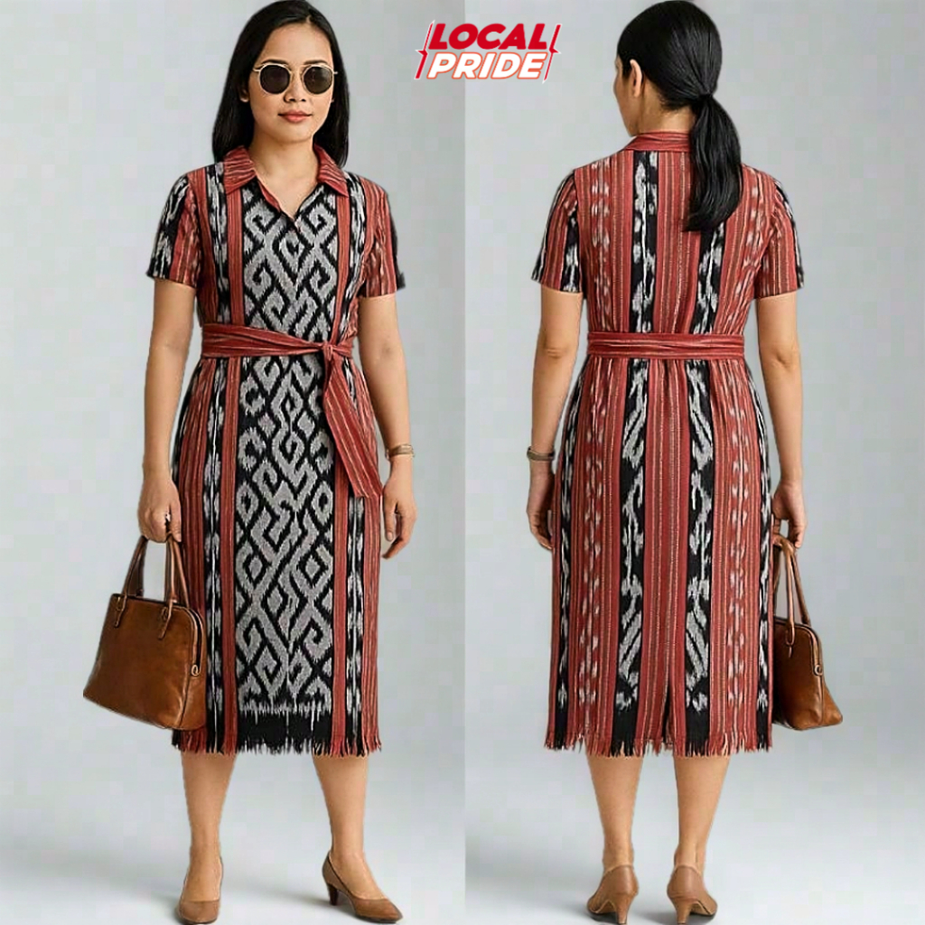 DRESS TENUN ETNIK FORMAL UNTUK WANITA TERBARU 2025 – MOTIF IKAT TRADISIONAL NTT LOKAL JEPARA DENGAN 