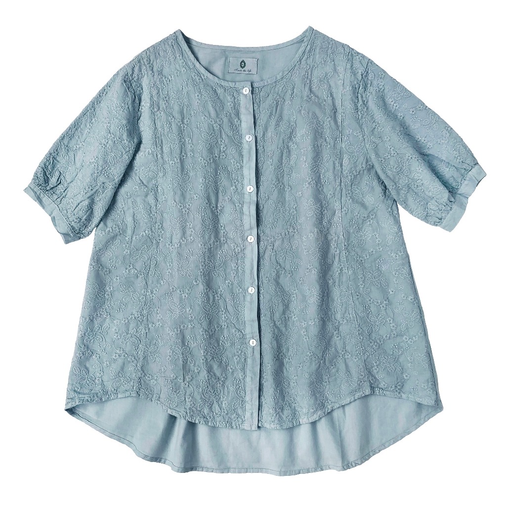 BLUS KATUN PREMIUM WANITA BIRU MUDA BRUKAT BORDIR KANCING DEPAN KOREA IMPORT